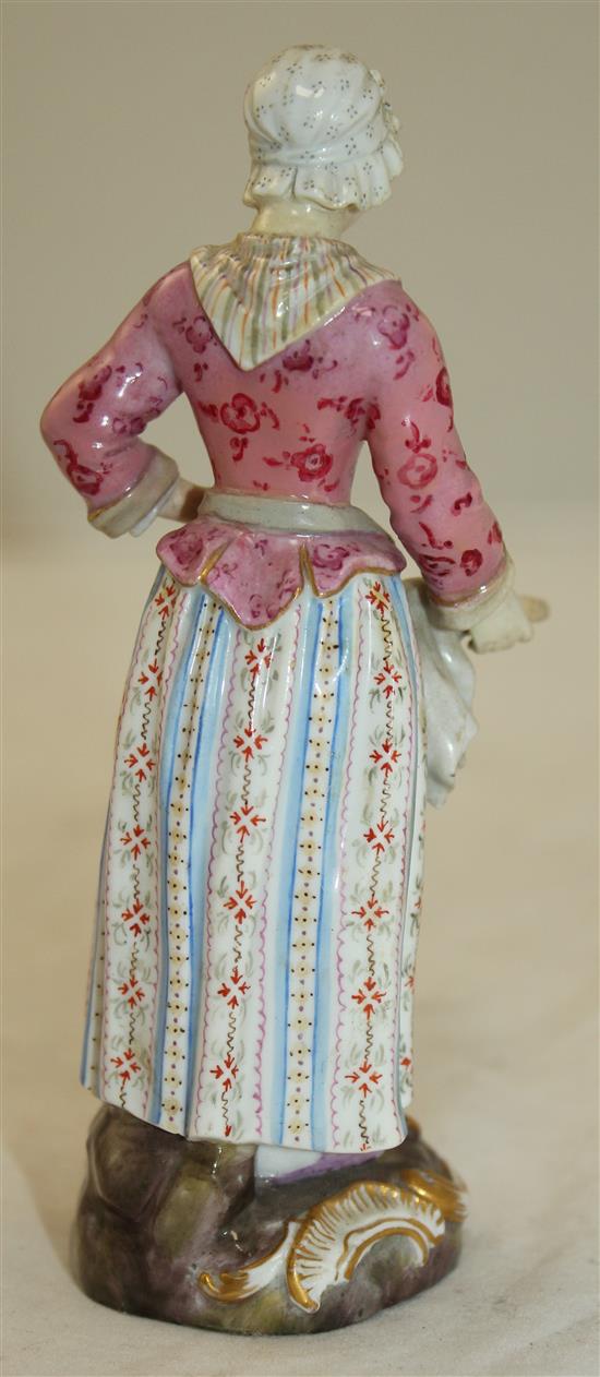 A Meissen figure of a female street vendor, 19th century, 14cm, restored